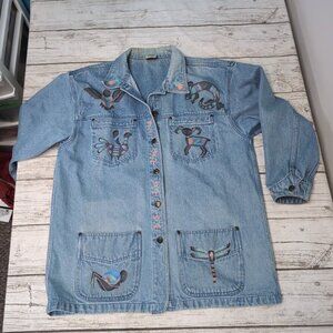 Bay Club Upcycled Native American Style Animal Denim Shirt Size Large